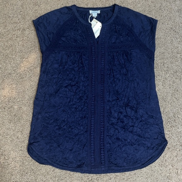 Sundance Romance Textured Short-Sleeve Tee Top Eyelet Lace-Trim Navy Blue Small - Picture 2 of 7